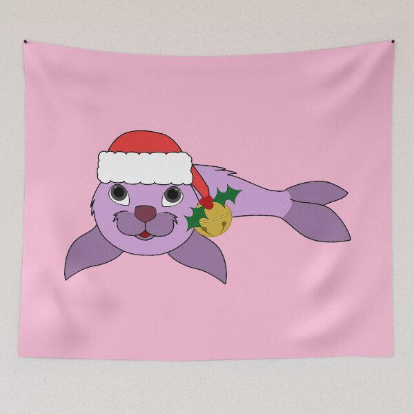 Aperçu de l'œuvre Light Purple Baby Seal with Santa Hat, Holly & Gold Bell créée et vendue par Grifynne.