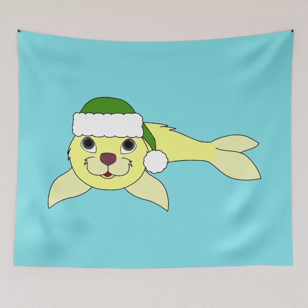 Item preview, Light Yellow Baby Seal with Christmas Green Santa Hat designed and sold by Grifynne.