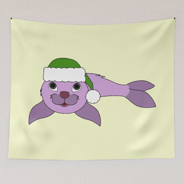 Aperçu de l'œuvre Light Purple Baby Seal with Christmas Green Santa Hat créée et vendue par Grifynne.