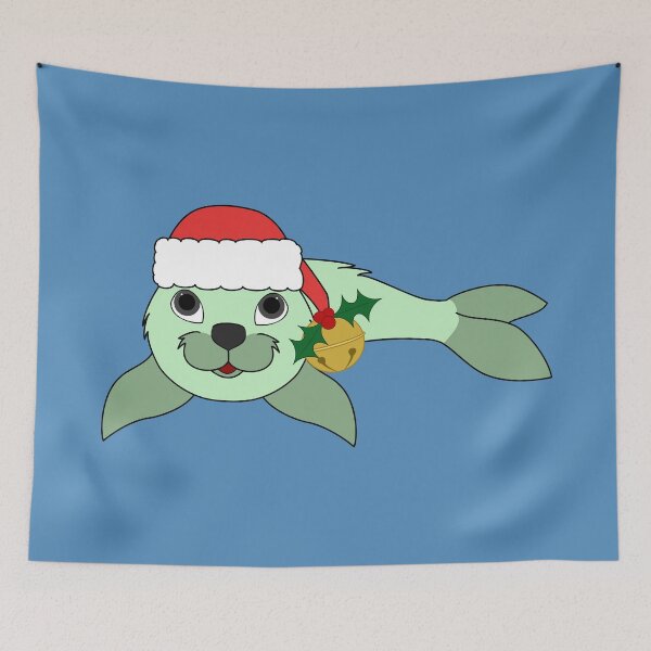 Item preview, Light Green Baby Seal with Santa Hat, Holly & Gold Bell designed and sold by Grifynne.