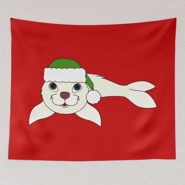 Item preview, White Baby Seal with Christmas Green Santa Hat designed and sold by Grifynne.