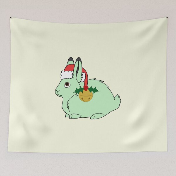 Aperçu de l'œuvre Light Green Arctic Hare with Santa Hat, Holly & Gold Bell créée et vendue par Grifynne.