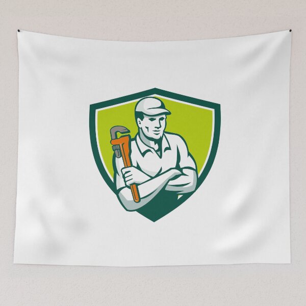 Item preview, Plumber Monkey Wrench Arms Crossed Shield Retro designed and sold by patrimonio.