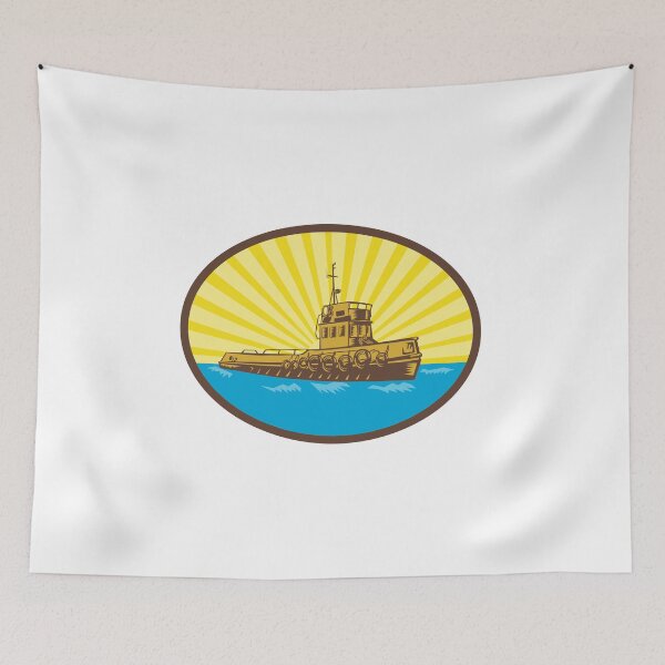Item preview, River Tugboat Oval Woodcut designed and sold by patrimonio.