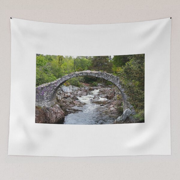 Item preview, Packhorse Bridge covered in pink flowers at Carrbridge, Highlands, Scotland, designed and sold by JacquiHall.