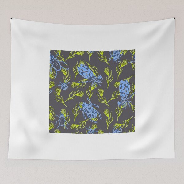 Item preview, Dragonfly and Beetles ink doodle. Blue indigo insects with green branches. designed and sold by yopixart.