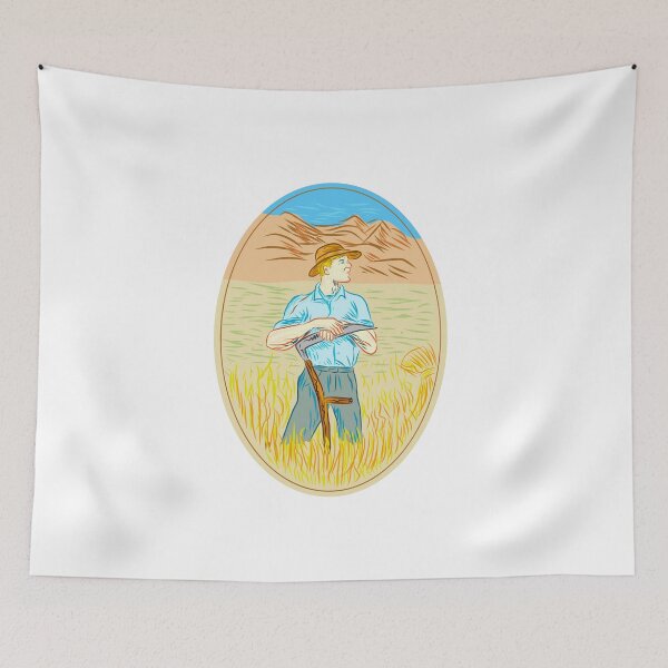 Item preview, Wheat Organic Farmer Scythe Oval Drawing designed and sold by patrimonio.