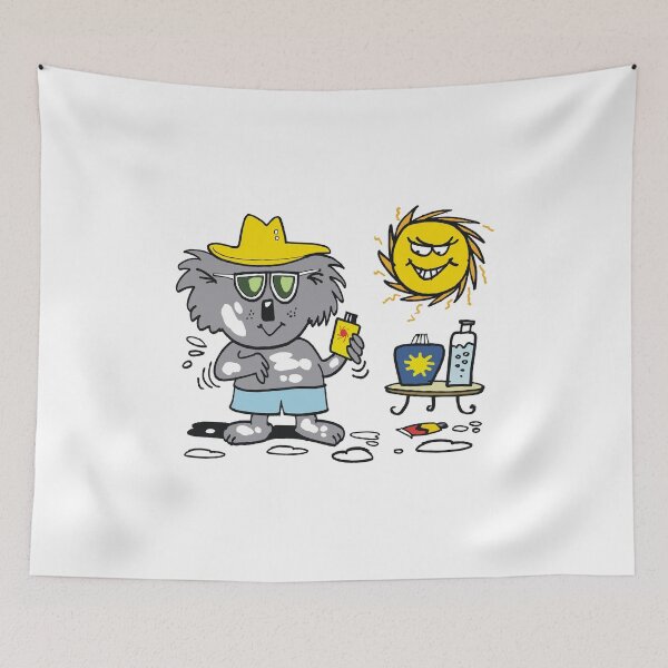 Aperçu de l'œuvre Cartoon of happy koala bear using suntan lotion créée et vendue par Al Benge - NZ & Australian Art.