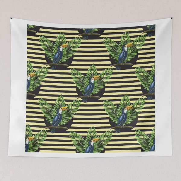 Item preview, Toucan and banana leaves on the striped background designed and sold by Mehendra.
