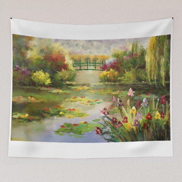 Item preview, Water lilies trees pond bridge impressionist designed and sold by druidwolfart.