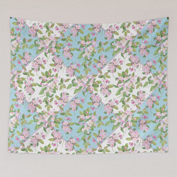 Item preview, Apple Blossom Floral Faux Patchwork on Sky Blue and White designed and sold by Judy Adamson.