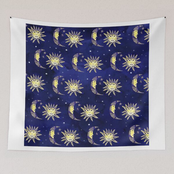 Item preview, Retro sun moon and stars pattern blue watercolor designed and sold by GirlyTrend.