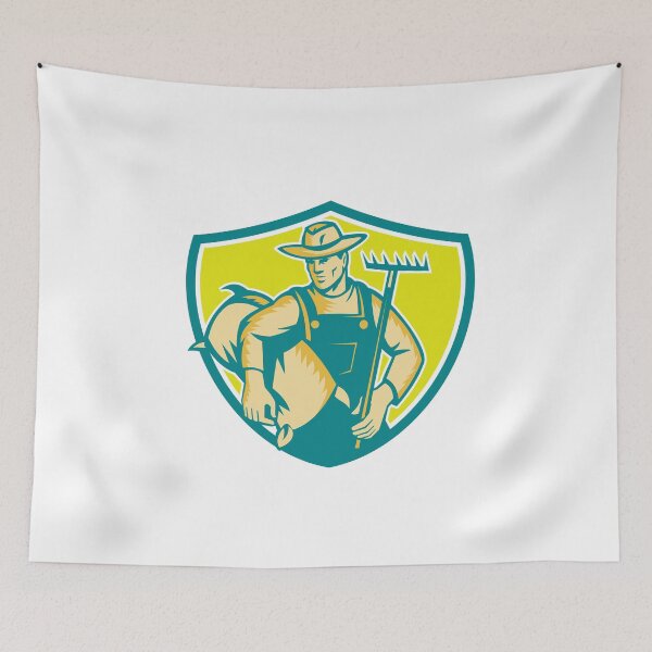 Item preview, Organic Farmer Rake Sack Shield Woodcut designed and sold by patrimonio.