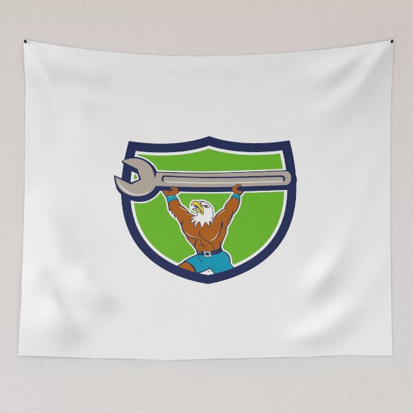 Item preview, American Bald Eagle Mechanic Spanner Crest Cartoon designed and sold by patrimonio.