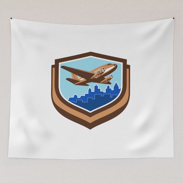 Item preview, Vintage Airplane Take Off Cityscape Shield Retro designed and sold by patrimonio.
