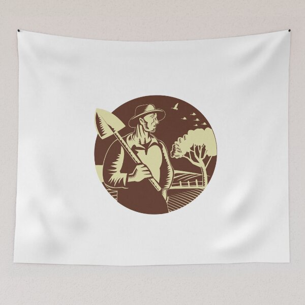 Item preview, Organic Farmer Holding Shovel Farm Circle Woodcut designed and sold by patrimonio.