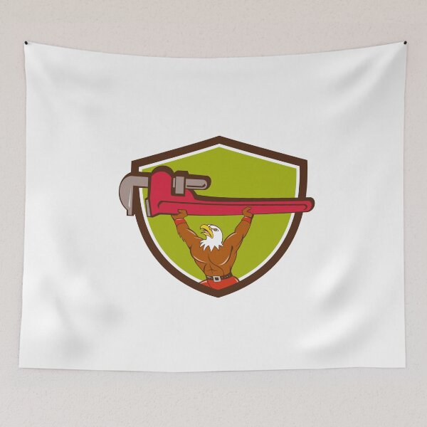Item preview, Bald Eagle Plumber Monkey Wrench Shield Cartoon designed and sold by patrimonio.