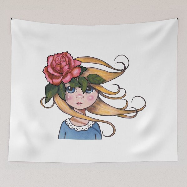 Item preview, Big-Eyed Girl with ROSE, No. 2, Whimsical Art, Surreal Art designed and sold by JoyfulWhimsy.