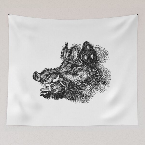 Item preview, Vintage Wild Boar Head Illustration Retro 1800s Black and White Image designed and sold by SilverSpiral.