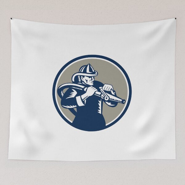 Item preview, Vintage Fireman Firefighter Aiming Hose Circle Woodcut designed and sold by patrimonio.