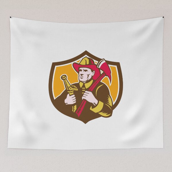 Item preview, Fireman Firefighter  Axe Hose Crest Woodcut designed and sold by patrimonio.