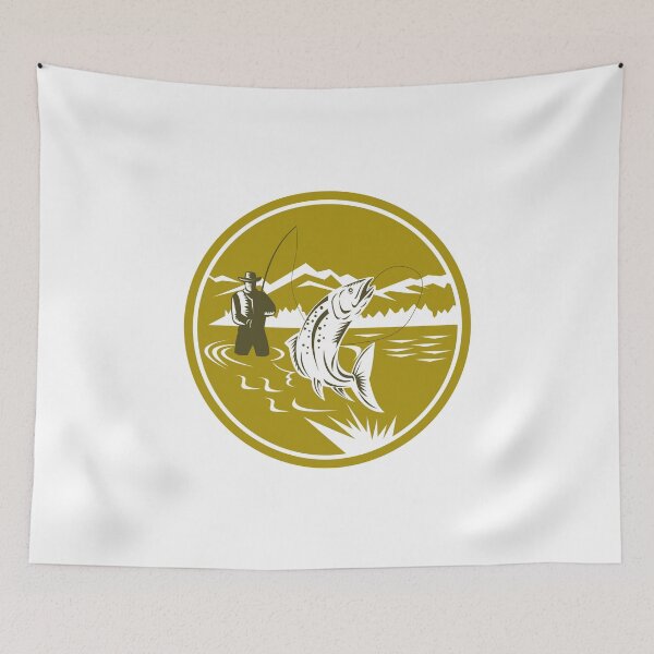 Item preview, Fly Fisherman Reeling Trout Circle Retro designed and sold by patrimonio.