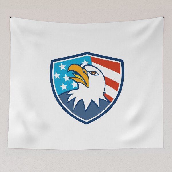 Aperçu de l'œuvre American Bald Eagle Head Looking Up Flag Crest Cartoon créée et vendue par patrimonio.