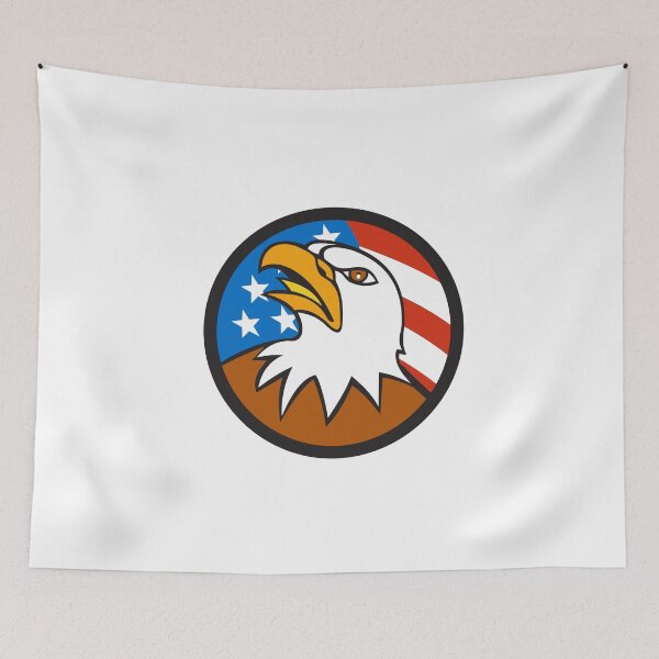 Aperçu de l'œuvre American Bald Eagle Head Looking Up Flag Circle Cartoon créée et vendue par patrimonio.