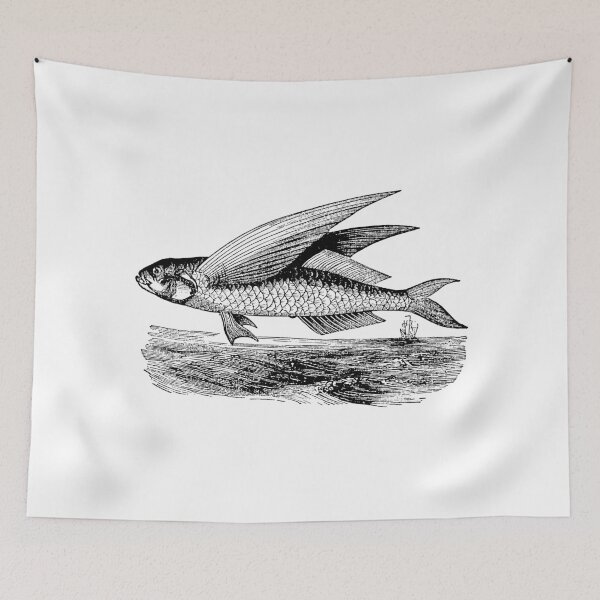 Item preview, Vintage Flying Fish Ocean Bottom Illustration Retro 1800s Black and White Image designed and sold by SilverSpiral.
