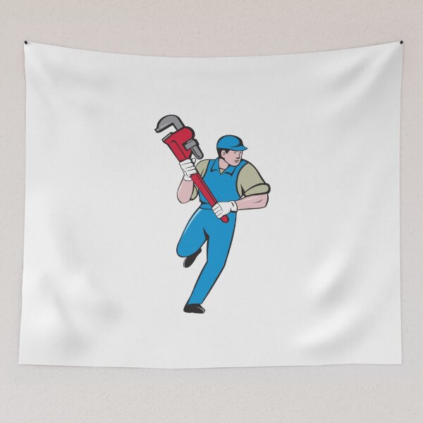 Item preview, Plumber Running Monkey Wrench Cartoon designed and sold by patrimonio.