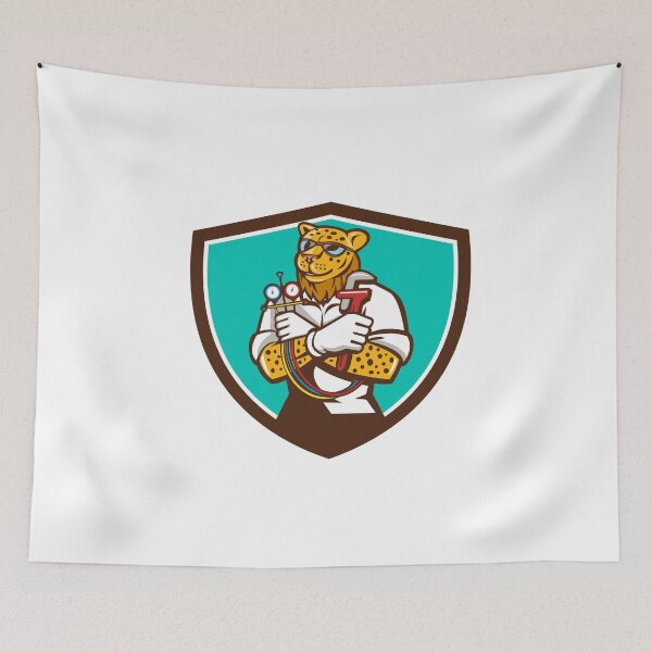 Item preview, Leopard Heating Specialist Mechanic Shield Cartoon designed and sold by patrimonio.
