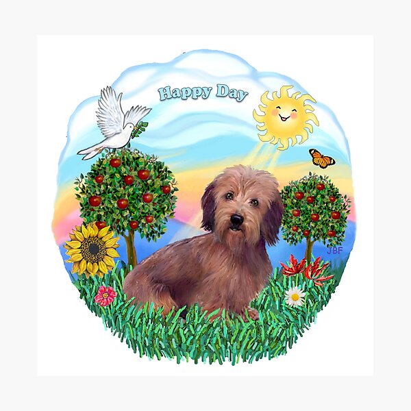 Item preview, Happy Day with a Wire Haired Dachshund (brown with dark brown ears) designed and sold by JeanBFitzgerald.
