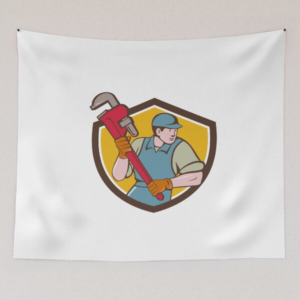 Item preview, Plumber Running Monkey Wrench Crest Cartoon designed and sold by patrimonio.