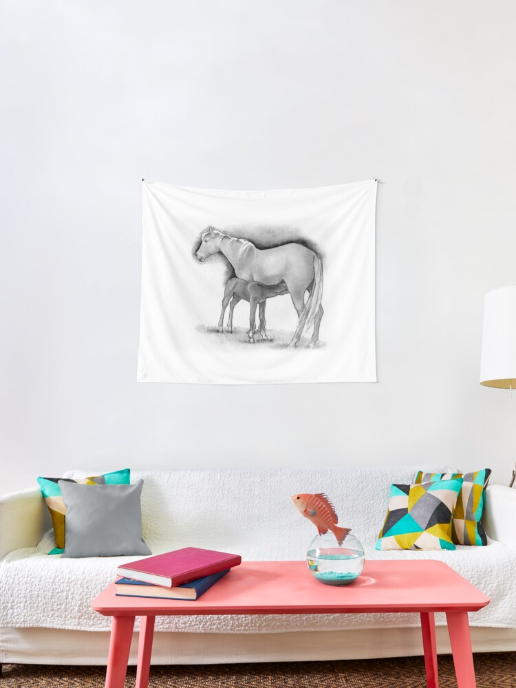 Fohlen Und Stute Pferd Mutter Und Baby Bleistiftzeichnung Wandbehang Von Joyce Redbubble