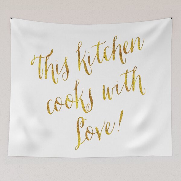 Item preview, This Kitchen Cooks With Love Gold Faux Foil Metallic Glitter Quote Isolated on White Background designed and sold by SilverSpiral.