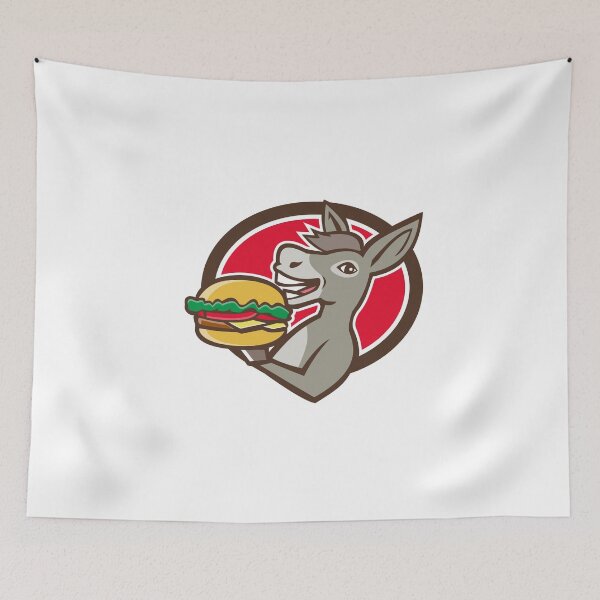 Item preview, Donkey Mascot Serving Hamburger Oval Retro designed and sold by patrimonio.