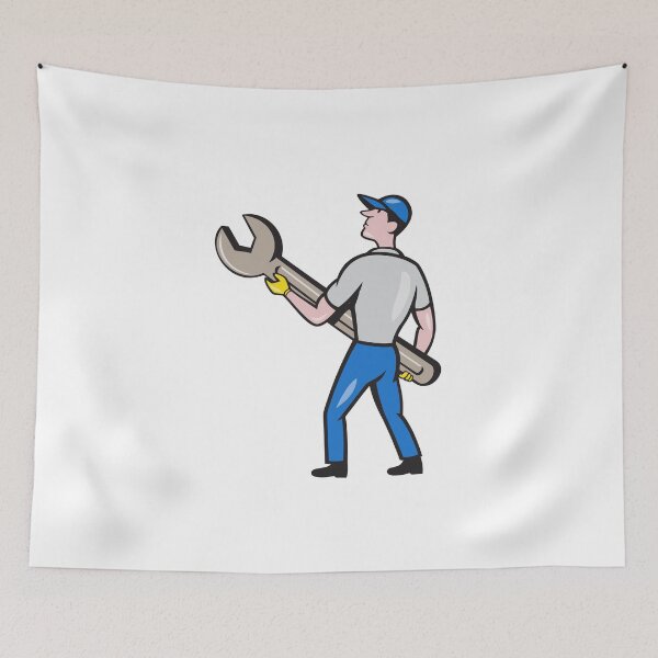 Item preview, Mechanic Carrying Giant Spanner Cartoon designed and sold by patrimonio.