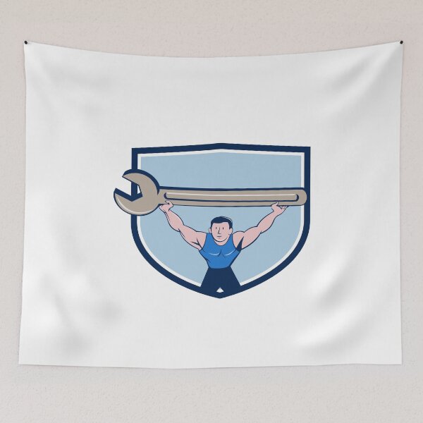 Item preview, Mechanic Lifting Giant Spanner Wrench Crest Cartoon designed and sold by patrimonio.
