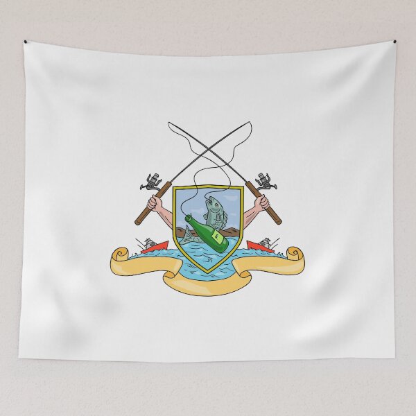 Item preview, Fishing Rod Reel Hooking Fish Beer Bottle Coat of Arms Drawing designed and sold by patrimonio.