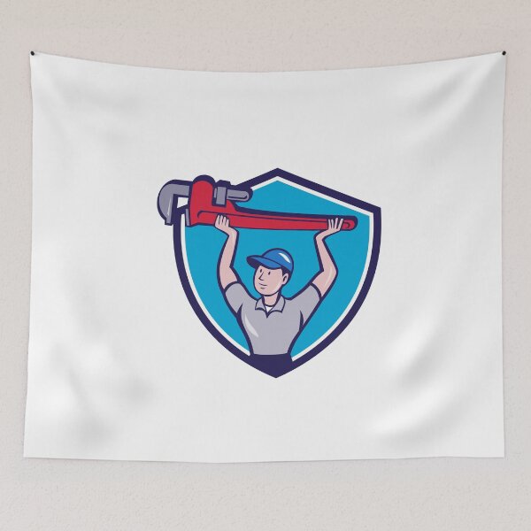Item preview, Plumber Lifting Monkey Wrench Crest Cartoon designed and sold by patrimonio.