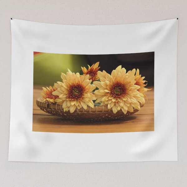 Item preview, Orange chrysanthemums on a bamboo basket designed and sold by vanessal.