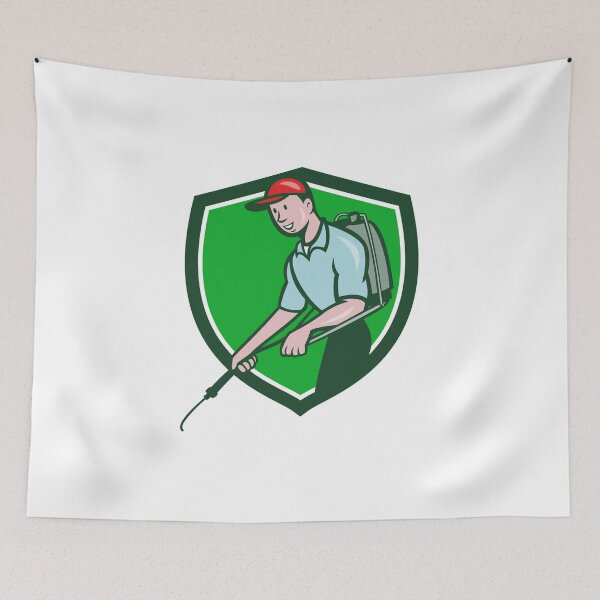 Item preview, Pest Control Exterminator Spraying Crest Cartoon designed and sold by patrimonio.