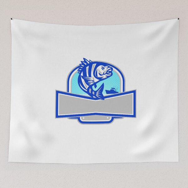 Item preview, Sheepshead Fish Jumping Fishing Boat Banner Retro designed and sold by patrimonio.