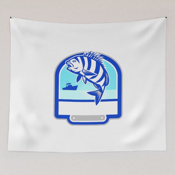 Item preview, Sheepshead Fish Jumping Fishing Boat Crest Retro designed and sold by patrimonio.
