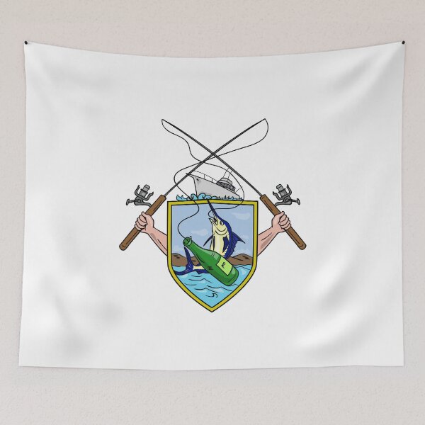 Item preview, Fishing Rod Reel Blue Marlin Beer Bottle Coat of Arms Drawing designed and sold by patrimonio.