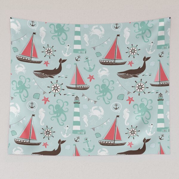 Item preview, Nautical Ocean Blue With Sailboats and Lighthouses designed and sold by peacockcards.