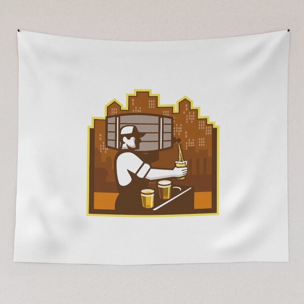 Item preview, Bartender Pouring Beer Keg Cityscape Retro designed and sold by patrimonio.