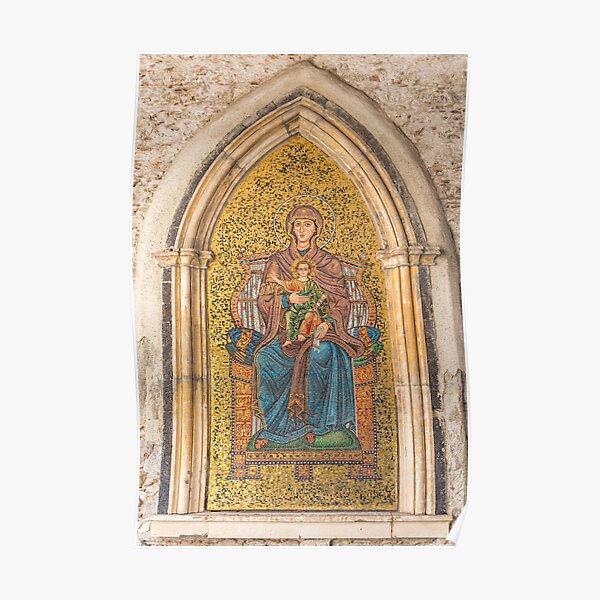 Ancient Golden Mosaic of Madonna and Child on a Wall in Syracuse, Sicily, Italy Poster