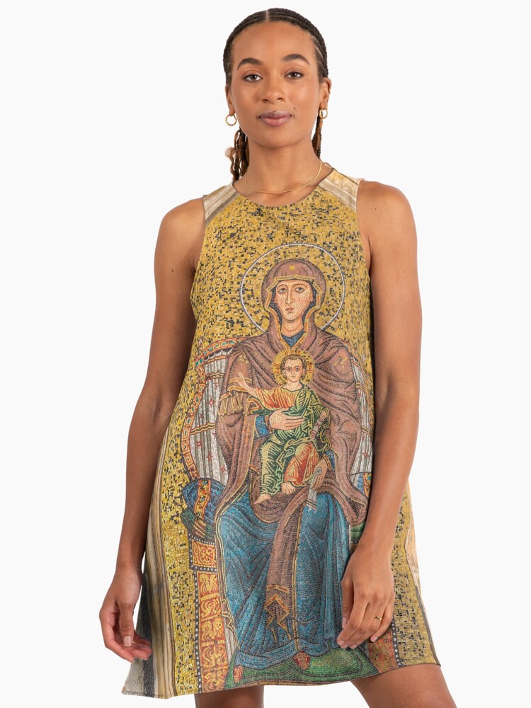 Ancient Golden Mosaic Of Madonna And Child On A Wall In Syracuse, Sicily, Italy Syracuse Italy A-Line Dress