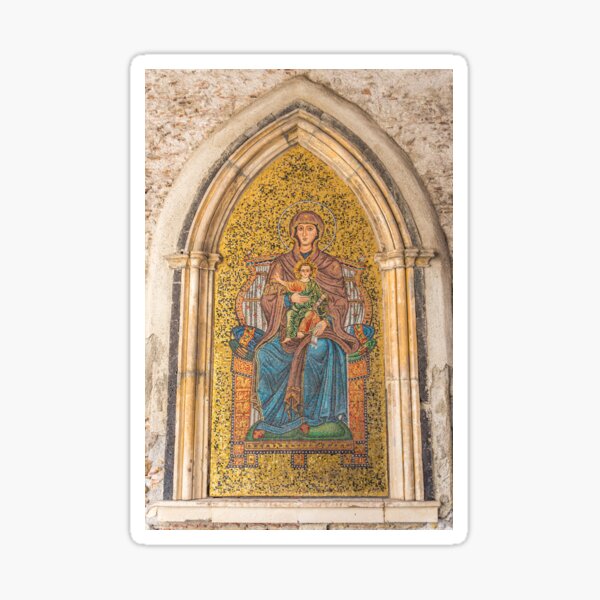 Ancient Golden Mosaic of Madonna and Child on a Wall in Syracuse, Sicily, Italy Sticker